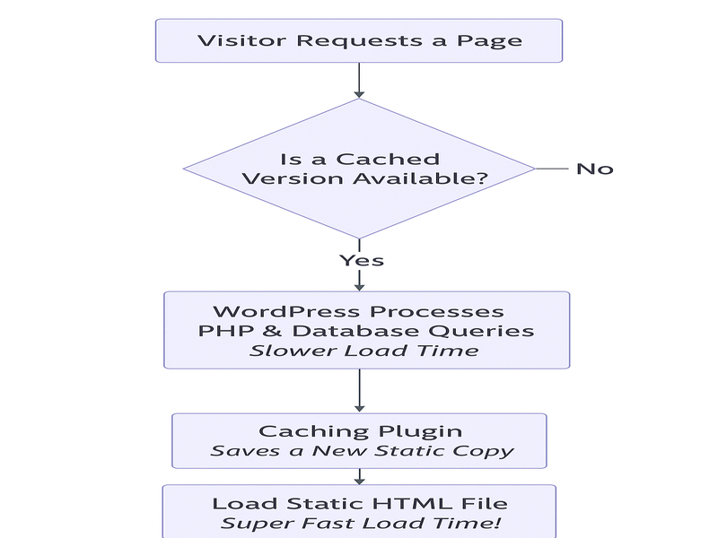 Flowchart showing how must have WordPress plugins for blogs like caching plugins improve speed and performance in 2025