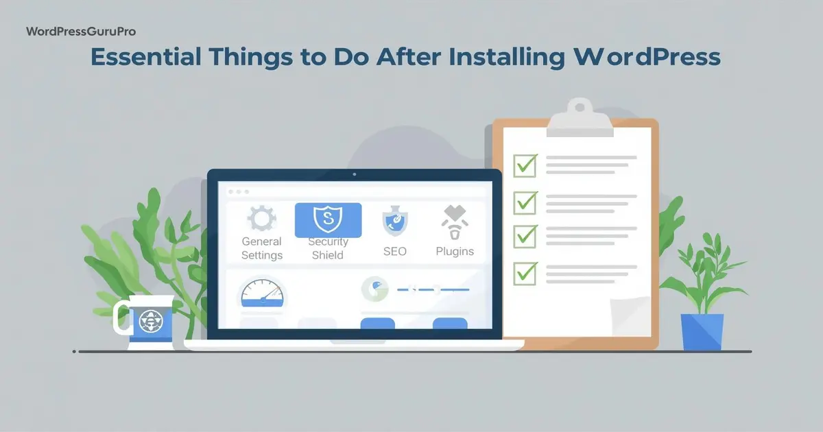 Flat-style illustration of WordPress initial setup checklist showing dashboard, plugins, security lock, SEO icons, and checklist clipboard with green ticks