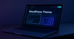 Blog 24 Ultimate Guide to WordPress Themes and Design Trends for 2025 showing a futuristic website editor interface.
